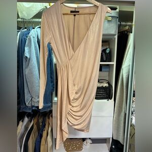Michael Costello Nude Shimmer Long Sleeve Draped Midi Dress